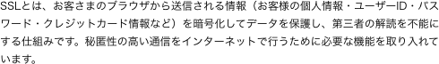 SSLとは、お客さまのブラウザから送信される情報（お客様の個人情報・ユーザーID・パスワード・クレジットカード情報など）を暗号化してデータを保護し、第三者の解読を不能にする仕組みです。秘匿性の高い通信をインターネットで行うために必要な機能を取り入れています。