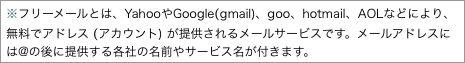 ※フリーメールとは、YahooやGoogle(gmail)、goo、hotmail、AOLなどにより、無料でアドレス (アカウント) が提供されるメールサービスです。メールアドレスには@の後に提供する各社の名前やサービス名が付きます。