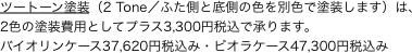 ツートーン塗装（2 Tone／ふた側と底側の色を別色で塗装します）は、
2色の塗装費用としてプラス3,300円税込で承ります。
バイオリンケース37,620円税込み・ビオラケース47,300円税込み