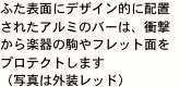 ふた表面にデザイン的に配置されたアルミのバーは、衝撃から楽器の駒やフレット面をプロテクトします