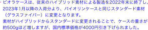 ・ビオラケースは、従来のハイブリッド素材による製造を2022年末に終了し、
　2023年1月以降の入荷分より、バイオリンケースと同じスタンダード素材
　（グラスファイバー）に変更となります。
　素材がハイブリッドからスタンダードに変更されることで、ケースの重さが
　約500gほど増しますが、国内標準価格が4000円引き下げられました。