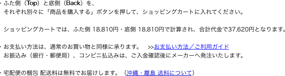 ・ふた側（Top）と底側（Back）を、
　それぞれ別々に「商品を購入する」ボタンを押して、ショッピングカートに入れてください。

　ショッピングカートでは、ふた側 18,810円・底側 18,810円で計算され、合計代金で37,620円となります。