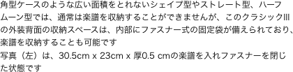 角型ケースのような広い面積をとれないシェイプ型やストレート型、ハーフムーン型では、通常は楽譜を収納することができませんが、このクラシックIIIの外装背面の収納スペースは、内部にファスナー式の固定袋が備えられており、楽譜を収納することも可能です